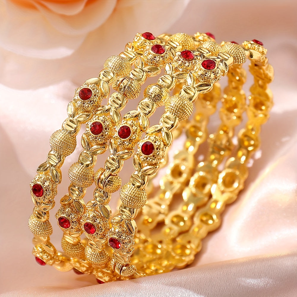 Luxurious 4-Piece Gold-Tone Cuff Set adorned with Red Artificial Crystals for Women - Made of Copper, Unplated, Perfect for Mardi Gras Day, Elegant and Sophisticated, Suitable for All Seasons, Features an Open Cuff Design ideal for Daily and Vacation