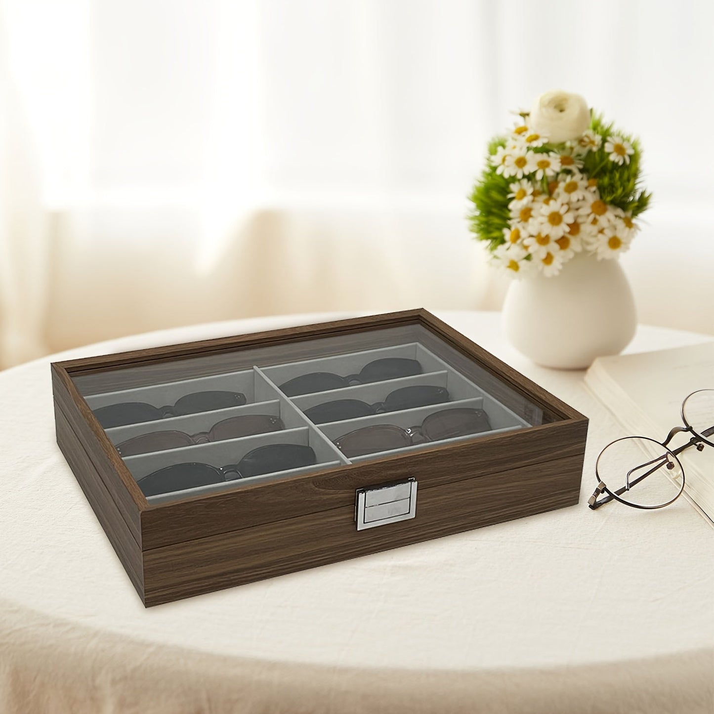 Elegant Black Walnut Wood Organizer for 8 Fashion Glasses - Stylish Eyewear Display Case for Women with Durable Shell