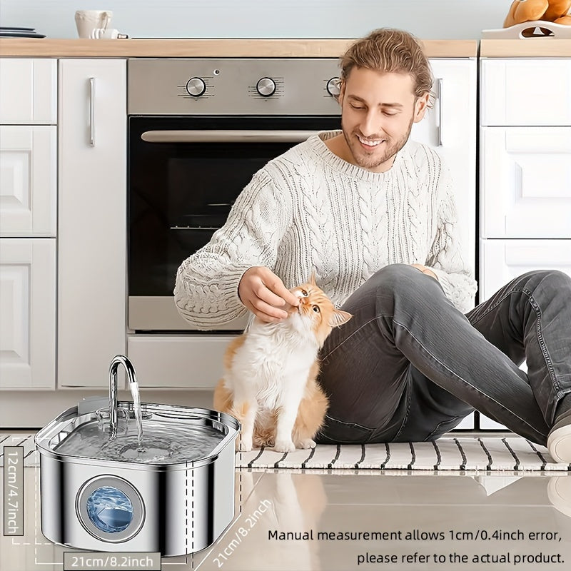 Stainless Steel 3.2L Automatic Cat Fountain with Quiet USB Power, Large Eyes, Horizontal Window, No Batteries Needed. Great for Cats and Dogs.