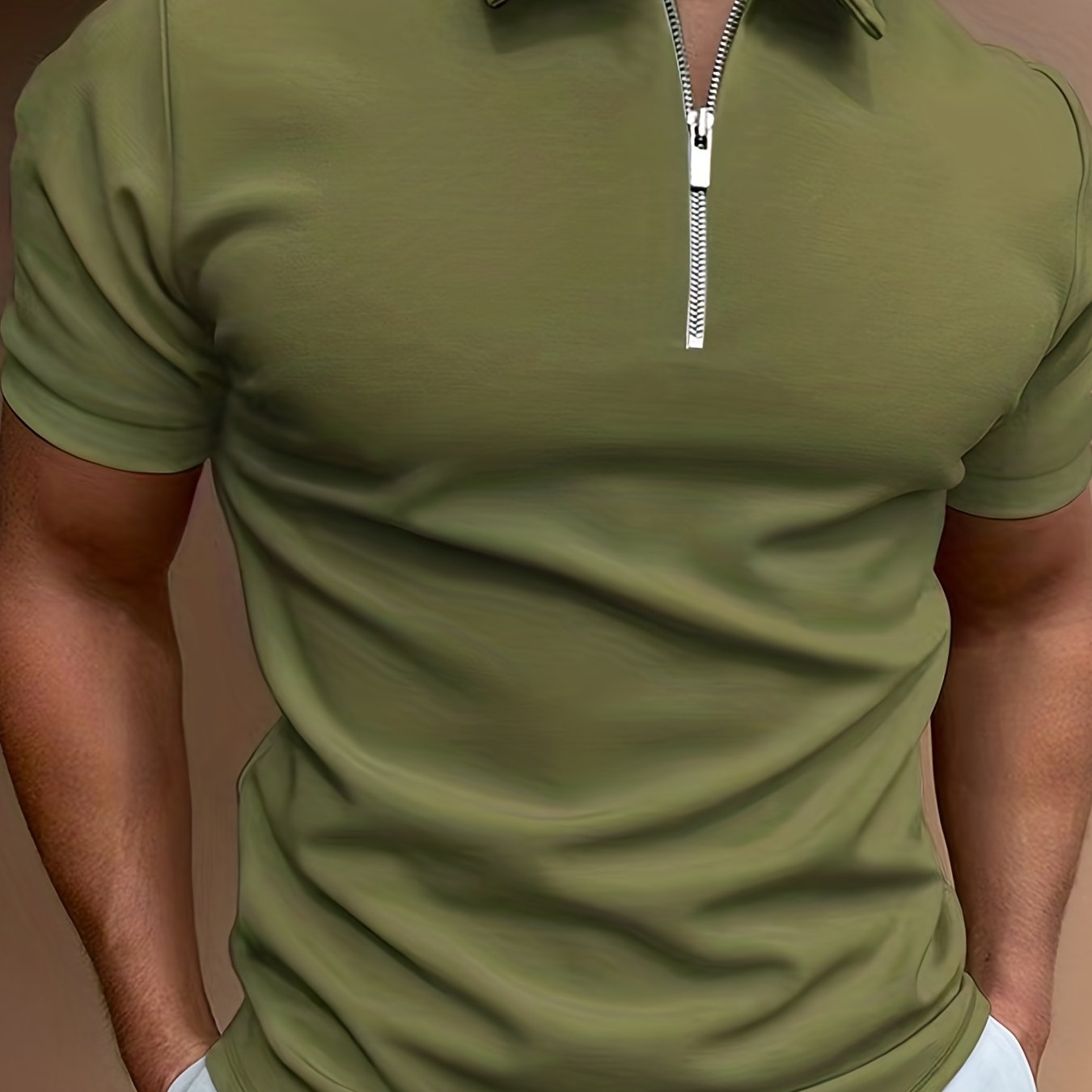 Men's classic white shirt with short sleeves, zipper collar, and stretch polyester fabric - ideal for casual summer style and golf.