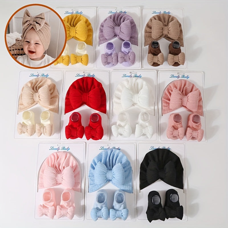 Newborn knit fleece bow hat and sock set, perfect for Thanksgiving, featuring cartoon theme. Breathable and suitable for girls aged 0-3 years.