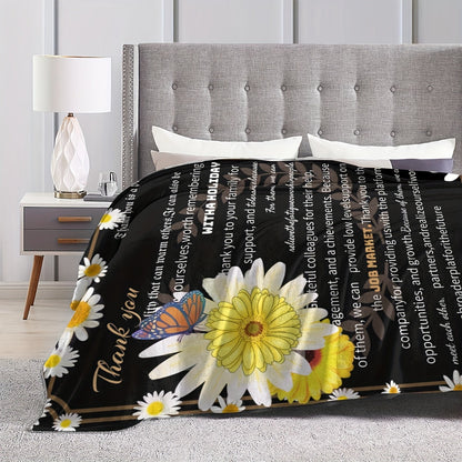 Stylish Knitted Polyester Throw Blanket Featuring Thank You Message for Friends and Colleagues, Perfect Gift for All Seasons, Adorned with Floral and Butterfly Details.