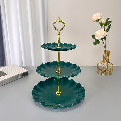 1pc Elegant 3-Tier Cake Stand in Green & White with Golden Accents - Floral Design, Durable PP Material - Ideal for Tea Parties, Weddings & Gatherings, Perfect for Dessert Display & Cake