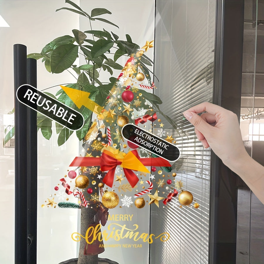 Festive Christmas Tree Static Cling Window Film made of PVC, measuring 45cm x 60cm, perfect for decorating glass doors during the holiday season at home or in shops.