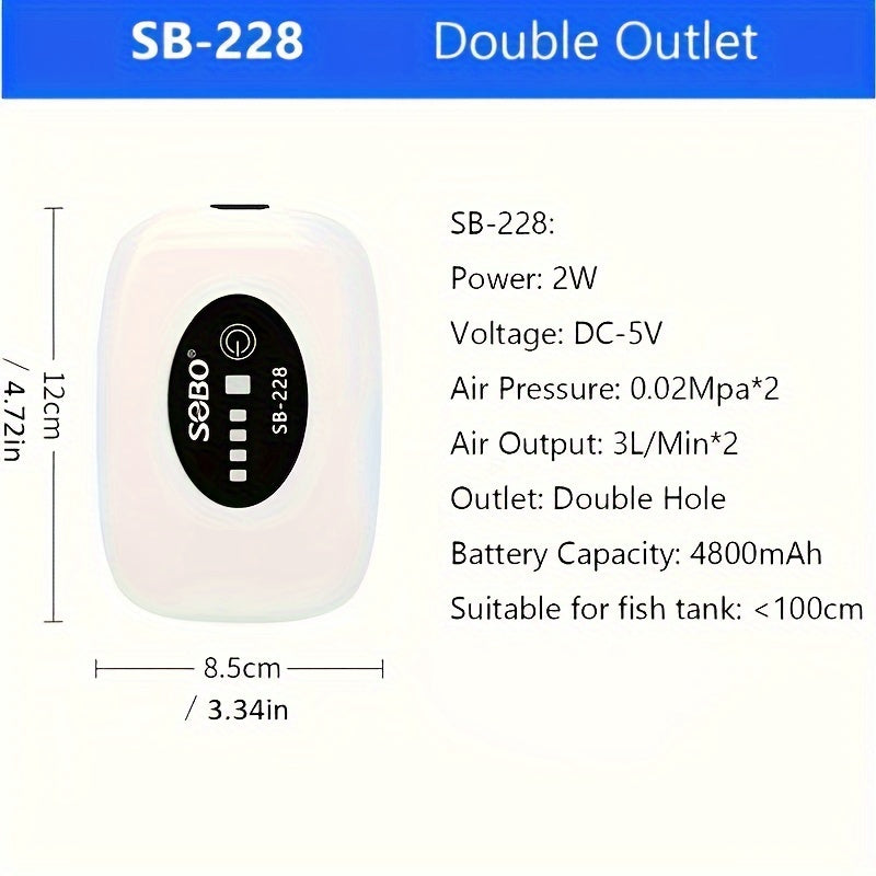 Portable, rechargeable fish tank air pump with USB charging, includes 1-2 meter tube and air tube aerolite.