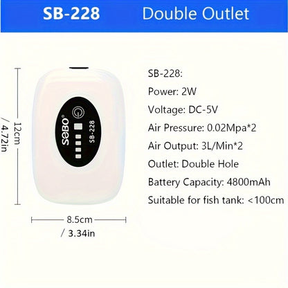 Portable, rechargeable fish tank air pump with USB charging, includes 1-2 meter tube and air tube aerolite.