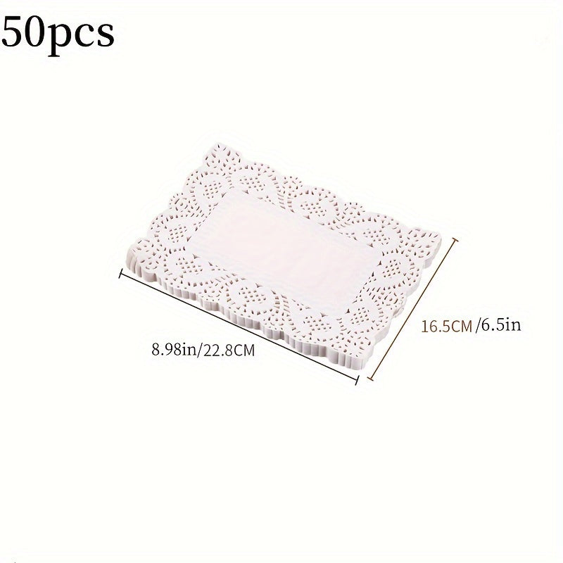 50 pieces each of lace paper, oil absorption paper pads, lace rolls, fried dim sum cakes, flower base paper, baking paper, food pads, pizza paper, and cake pads in three different shapes.