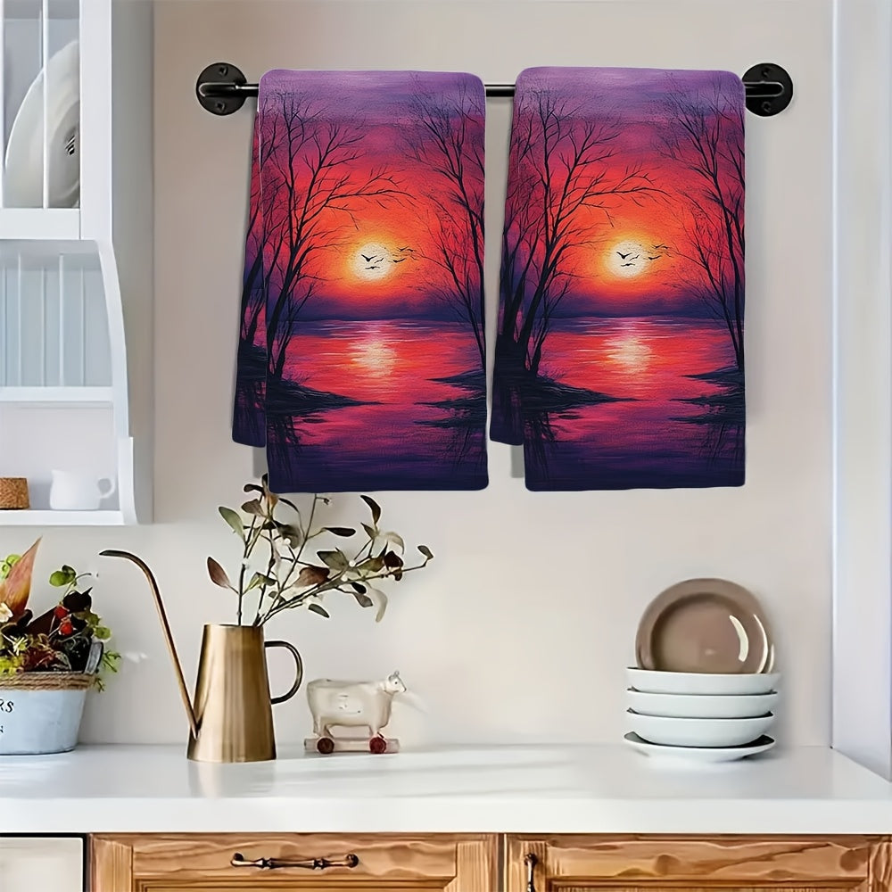 Set of 2 Ultra Soft Kitchen Towels featuring Vibrant Winter Sunset & Moonlit River Scenes. These highly absorbent polyester dish hand towels are machine washable and measure 40.64x60.96 cm. Perfect for Holiday Decor and everyday use in the kitchen.