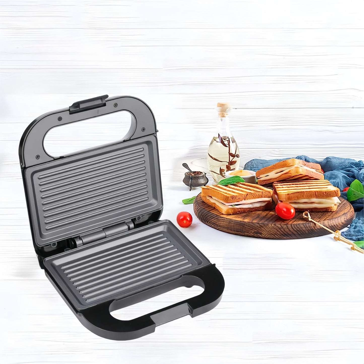 750W double-sided heating plate with smart temperature control, 25cm x 20mm non-stick surface. Ideal for toasting, waffling, cooking vegetables, and steak - power supply 220V-240V.