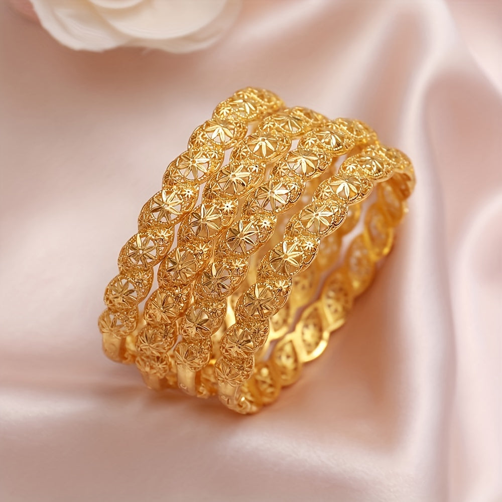 One pack of an elegant and sexy 24K golden plated hollow cuff bracelet with a classic octagonal flower design. Made of copper material, this bracelet is versatile for daily wear and special occasions.