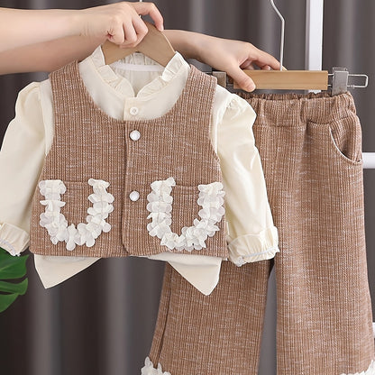 Girls' Autumn Outfit: Shirt, Vest with Lace Pockets, Trousers Set