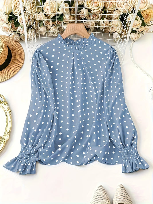 Plus Size Polka Dot Blouse with Shirred Cuffs, Crew Neck, and Long Sleeves for Spring & Fall, Women's Plus Size Clothing.