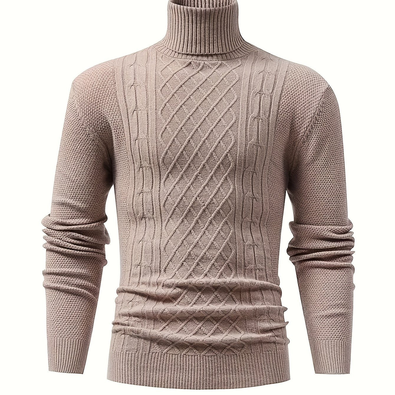 Men's cable knit turtleneck sweater for fall/winter, warm and stretchy pullover with solid color, long sleeves, blend fabric.