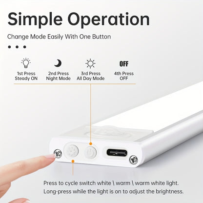 Wireless motion sensor underlight for cabinets, closets, stairs, and more; powered by rechargeable battery.