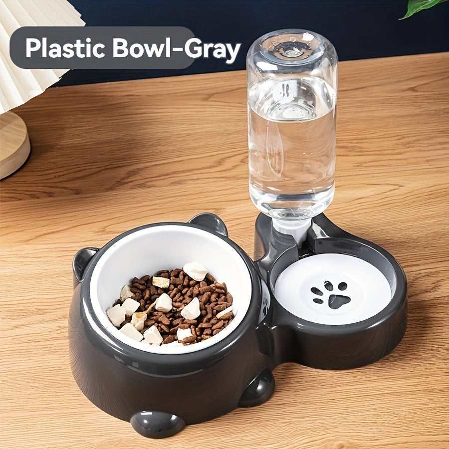 Automatic pet feeder with water dispenser, stainless steel bowls, neck protection, no charging or batteries needed.