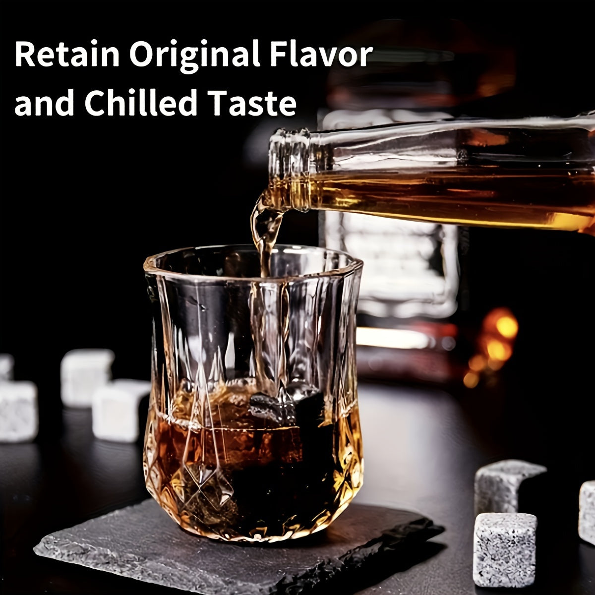 Engraved Glasses Whiskey Stones Gift Set - Includes Reusable Granite Ice Cubes, Wooden Storage Box, Drawstring Bag - Perfect for Father's Day, Anniversaries, Birthdays and Whiskey Lovers