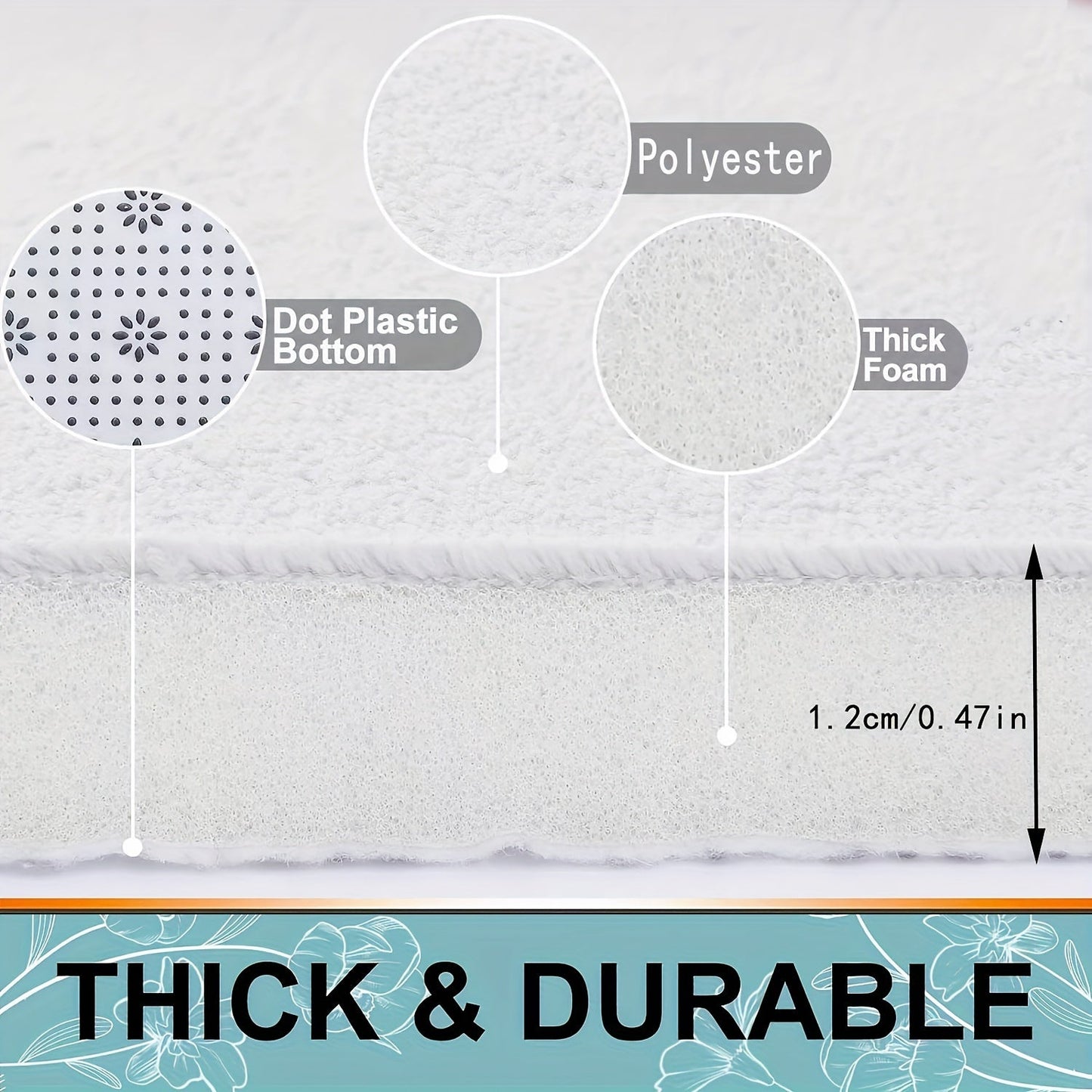 Two pieces of bathroom rugs made with high resilience foam, featuring a natural stream gravel design. These rugs are non-slip, absorbent with microfiber, and are machine washable. They are made of a polyester blend, are 1.2cm thick, and are woven bath