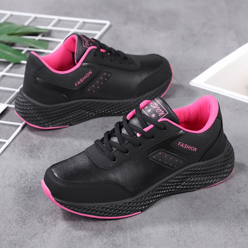 Stylish black running shoes with pink accents, lightweight and comfortable for all seasons. Durable EVA sole and cute design.