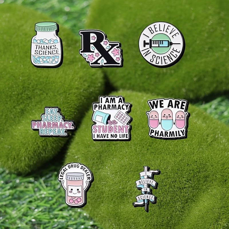 Set of 8 Enamel Brooch Pins - Made of Alloy Metal with Humorous Phrases, Unique Shapes, and Realistic Designs. Perfect for adding a fun touch to Backpacks, Coats, and Hats. Great gift for Pharmacy Students and Science Lovers.