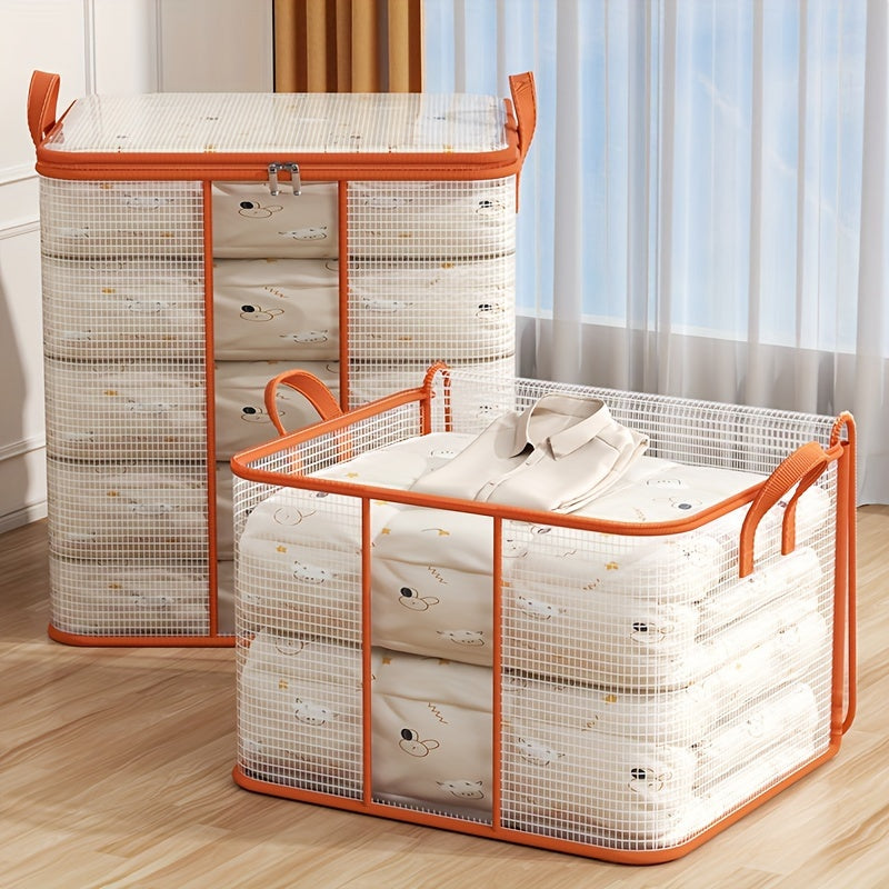 Large capacity transparent PVC storage bag with fixed handles, waterproof and dustproof, ideal for organizing dorm clothes and bedding, as well as providing a practical under-bed storage solution in the bedroom.