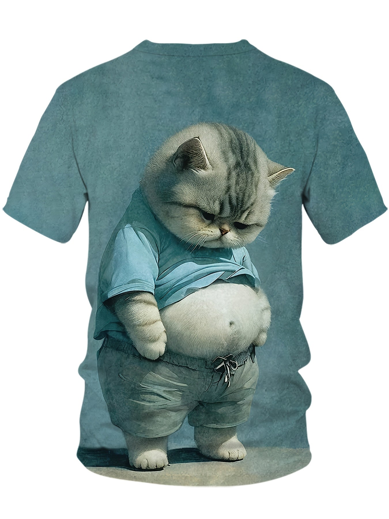 Casual round neck T-shirt with chubby cat print, made with knitted polyester fabric. Comfortable stretch and short sleeves make it suitable for business, outdoor activities, parties, or as