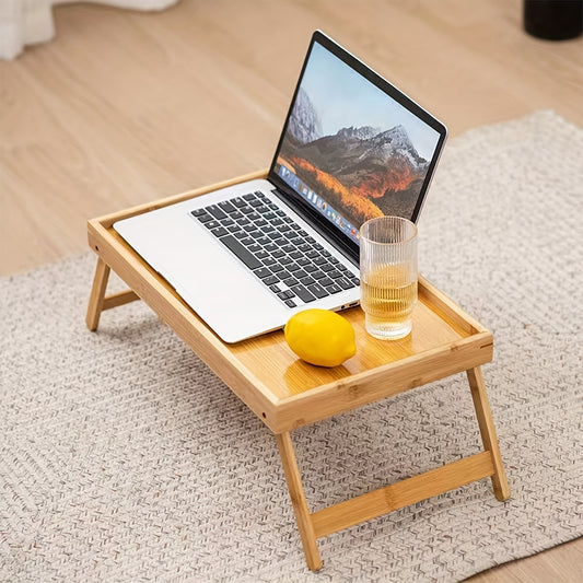 Bamboo folding table with tray, adjustable for bed, sofa, outdoors. Perfect gift for Father's Day and Mother's Day.