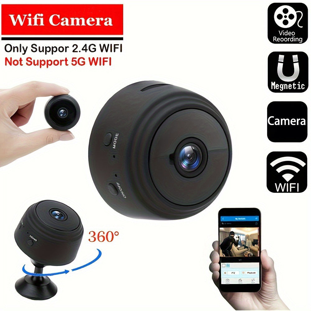 The Oimlyo A9 Smart WiFi Camera offers 480p security surveillance with a magnetic base for easy mounting. It can be powered by battery or USB and is compatible with smartphones for remote viewing via a mobile application. The rechargeable lithium polymer