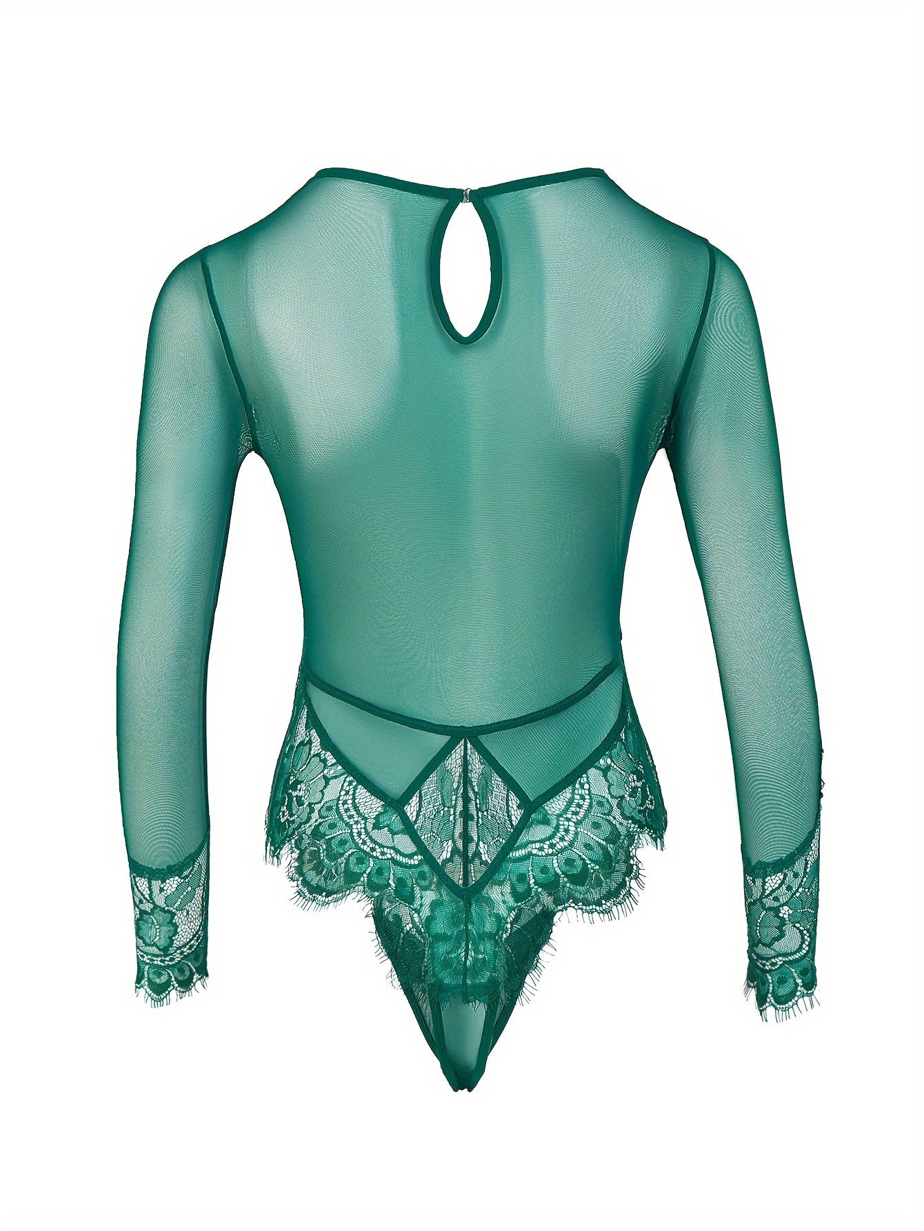 Green lace bodysuit with floral patterns, high-neck, long sleeves, keyhole back, machine washable - sexy lingerie set for women.