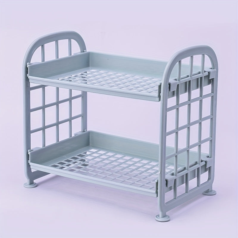 Small 2-Tier Storage Organizer Rack made of Plastic, Suitable for Kitchen, Bedroom, Living Room, Desk, and Bathroom Vanity. Features an Open-Storage design, Assembly is Required, No Electric Power Required