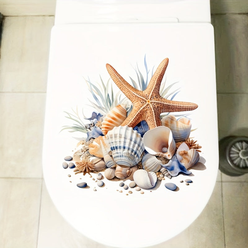 Waterproof toilet sticker with oceanic design: starfish and seashell, self-adhesive PVC, matte finish. Perfect for bathroom decor, easy application on tank and lid. Great Christmas or Halloween gift decoration.