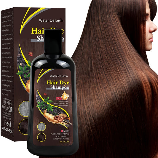 Brown hair dye shampoo that moisturizes and provides long-lasting color treatment, covering gray hair. 1 liter size with Water Ice Levin formula.