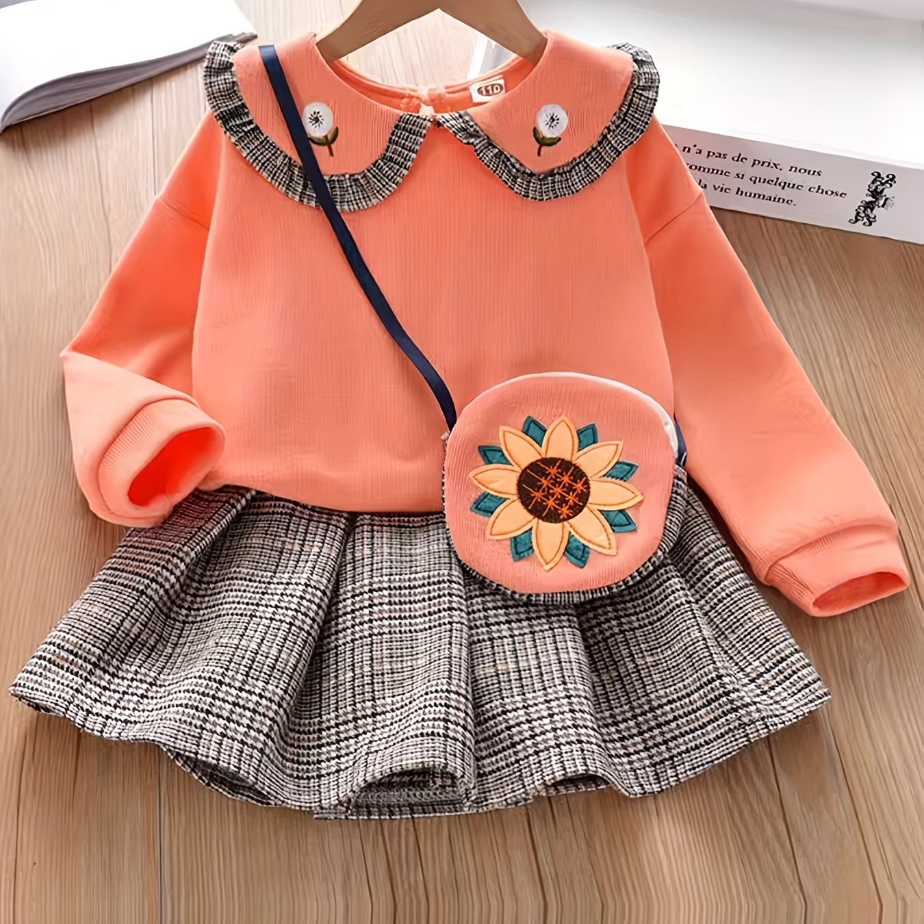 Girls' Cotton Skirt Set with Embroidered Top & Plaid Skirt - Casual, Easy-Care, Non-Transparent