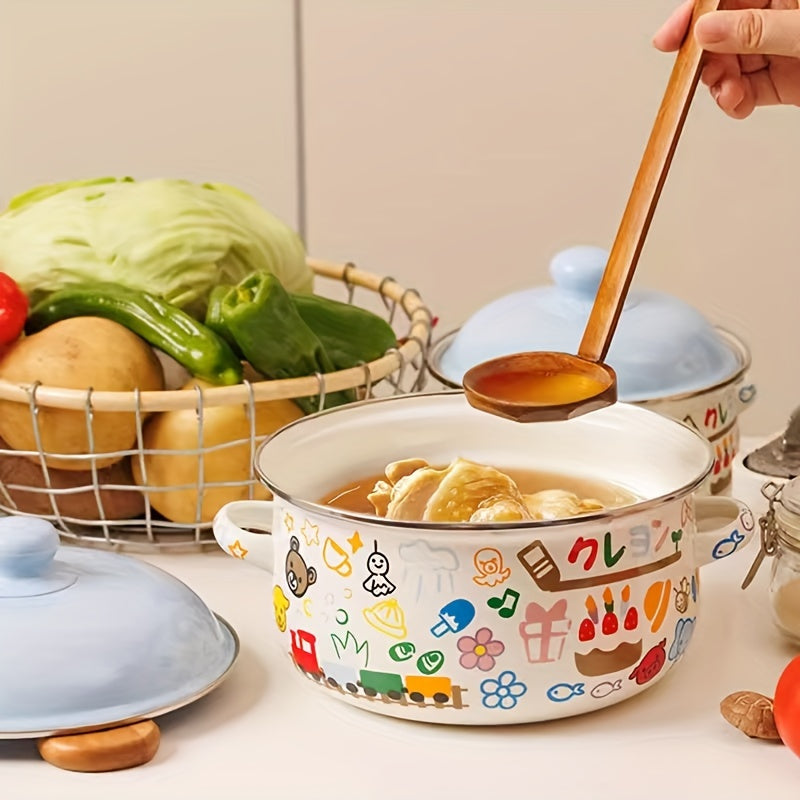 Enamel Pot: This cute cartoon instant noodle pot is a high-value soup pot for your home kitchen. Made from food-grade enamel porcelain, this double-ear pot is perfect for all your cooking needs.