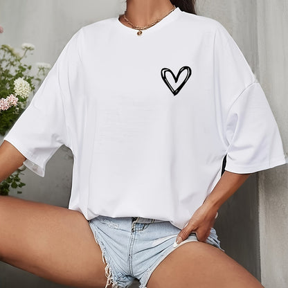 Casual loose-fit drop shoulder t-shirt for women with chic heart print. Made of soft polyester, short sleeve, and round neck. Machine washable and perfect for everyday style.