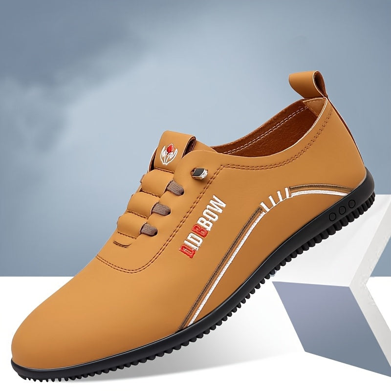 Men's business casual shoes with solid color graphic design, slip-on style, faux leather upper, rubber sole, and fabric insole.