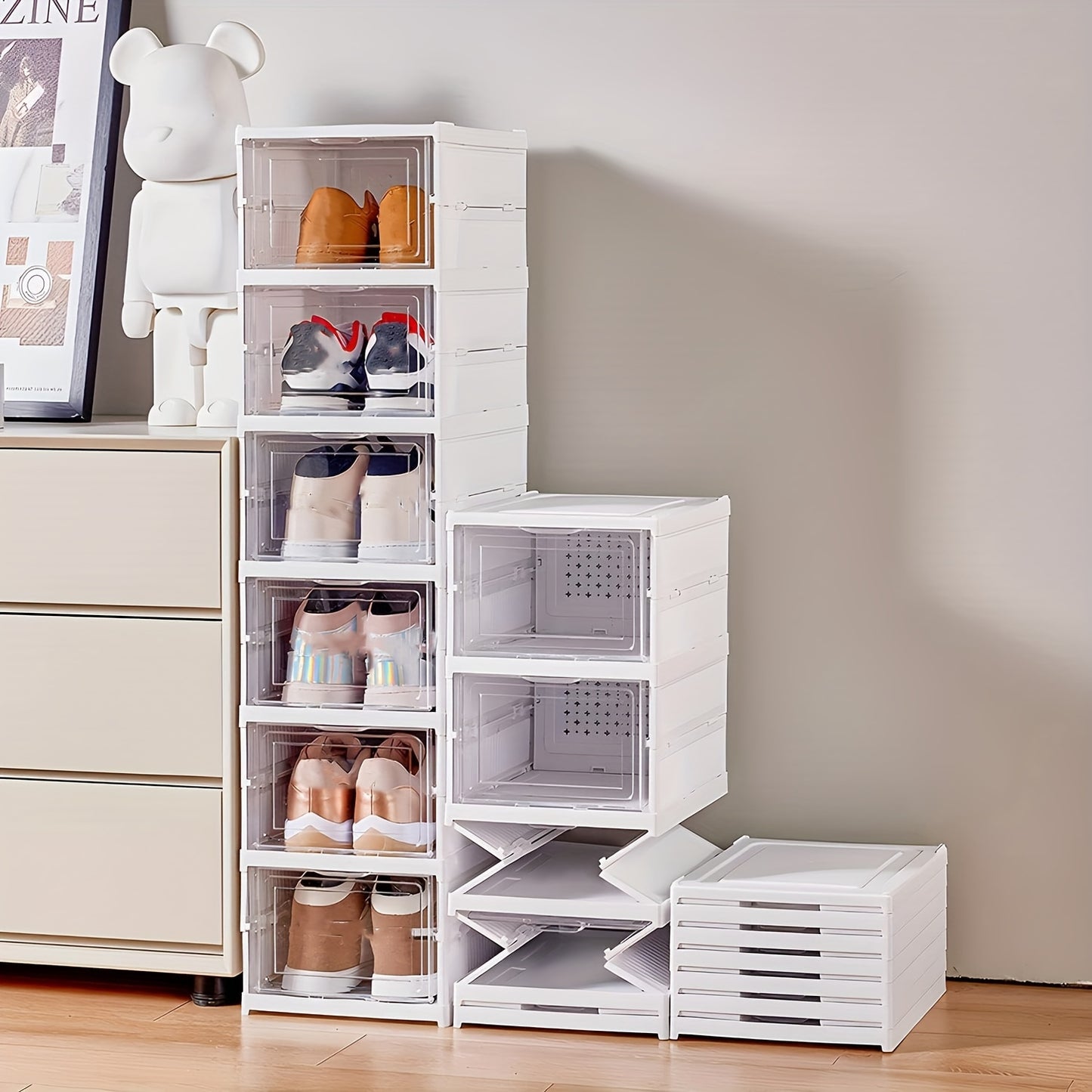 6-Tier stackable shoe storage box set with easy-access drop front, waterproof clear plastic bins. No assembly required, perfect for closet & entryway.