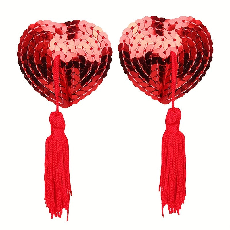 1 Pair of Heart-shaped Silicone Breast Stickers and Tassel Sequin Nipple Stickers.