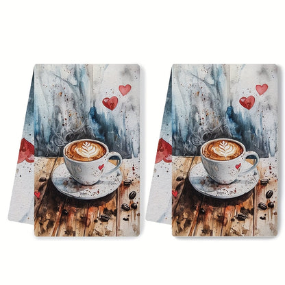 Set of 2 Ultra Soft Polyester Kitchen Towels featuring a Coffee Lover's Dream Design with Heart & Latte Art, Highly Absorbent & Machine Washable Dish Hand Towels, 40.64x60.96 cm - Ideal for Valentine's Day Decor, Coffee Lover Gift | Romantic Towel Design