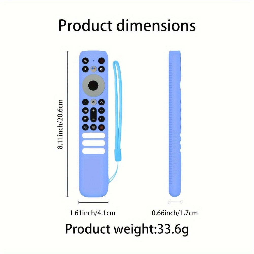 Silicone Remote Case designed for TCL RC902V FMR1, featuring waterproof and scratch-resistant protection with included lanyard. Lightweight with multiple color options available. Dimensions: 20.6cm x 4.1cm x 1.7cm.