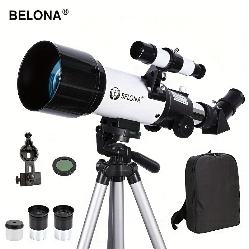 Adults' 70mm aperture 400mm AZ telescope for astronomy. Ideal for beginners and stargazing. Includes smartphone adapter and wireless remote.