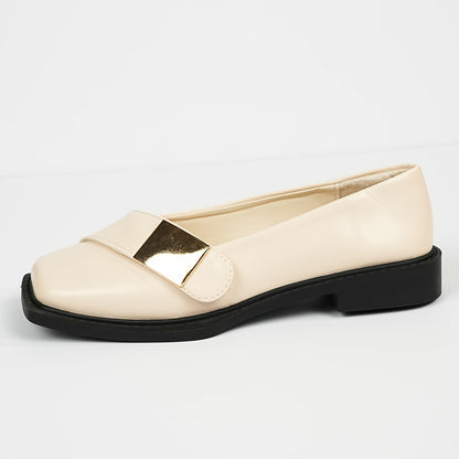 Elegant slip-on flats for women with square toe, large buckle, versatile for jeans, skirts, and commuting, faux leather