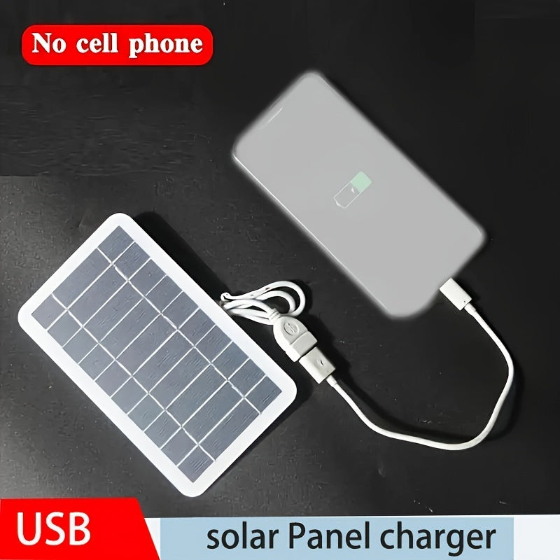 Lightweight USB solar charger for outdoor activities like camping, hiking, fishing, and travel. Operates at ≤36V with female to male polarity and 0-5W output power, no battery required.