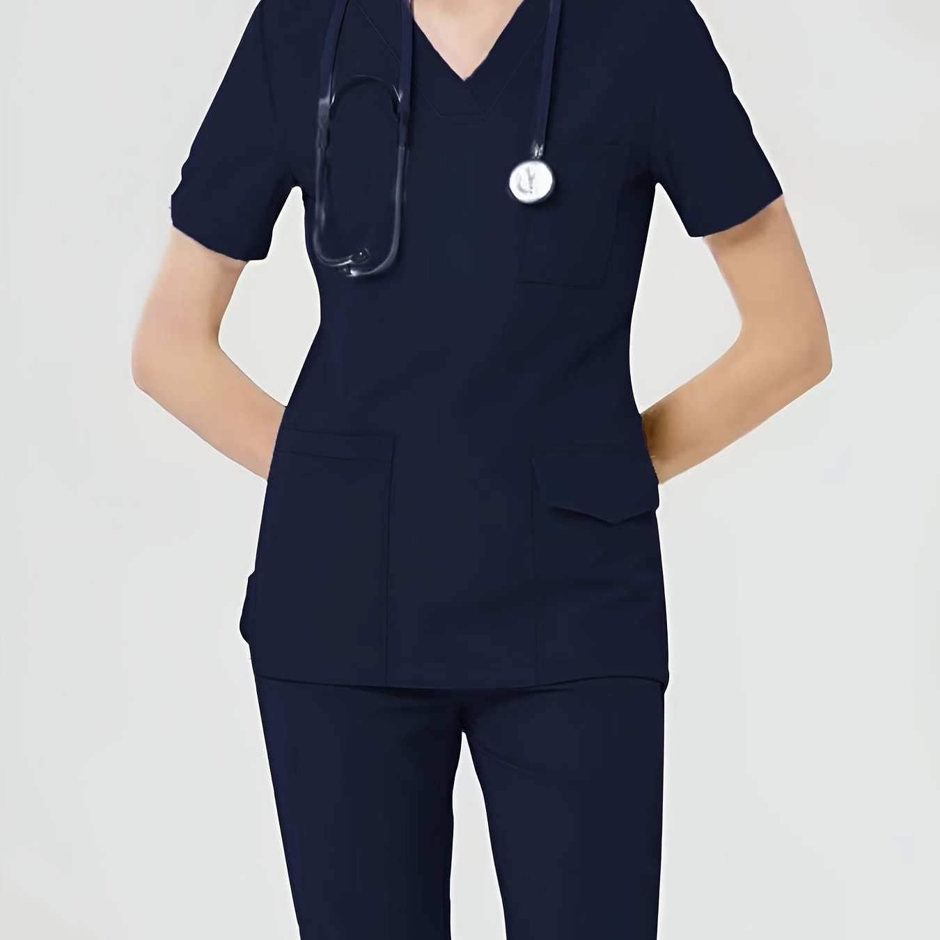 Women's Health Care Uniform Set: Cozy V-neck Top with Pockets and Solid Pants