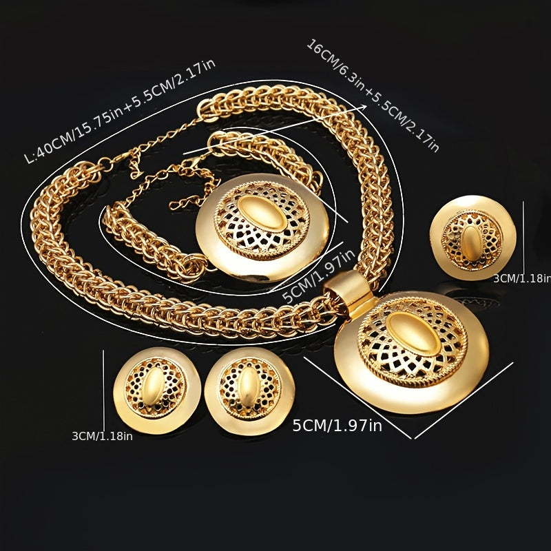 Timeless and sophisticated jewelry set designed for women features a stunning golden necklace, matching earrings, a delicate ring, and a stylish bracelet. Perfect for weddings and special occasions, this black fashion accessory adds a touch of elegance