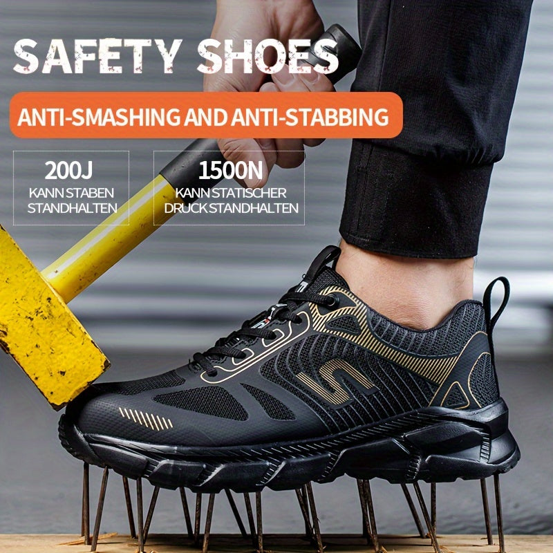 Breathable steel toe work sneakers for men with anti-smashing and puncture-proof features, offering comfort and protection.