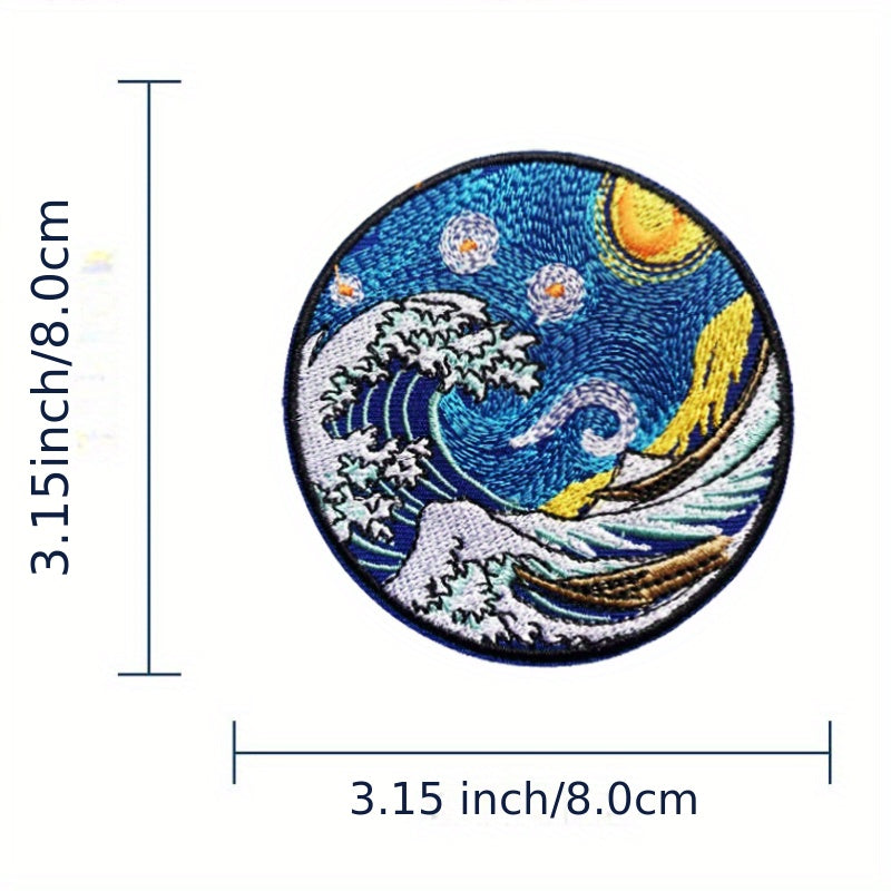 1 set of 3 Ukiyo-e embroidered stickers for men, featuring the Shennai Chuanda wave design. Perfect for decorating clothing such as jackets, jeans, trousers, backpacks, and caps.