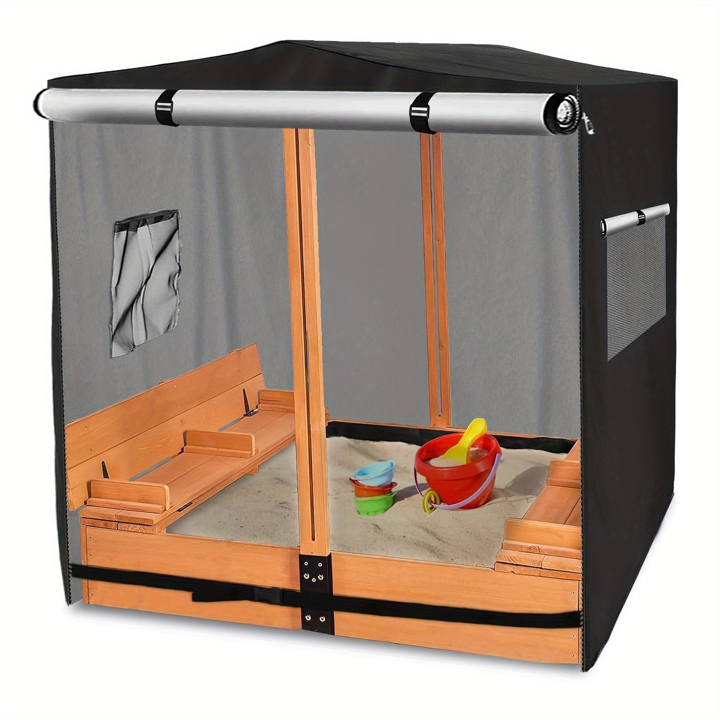 UV-resistant waterproof wooden sandbox cover with canopy and foldable chair, suitable for kids, without frame.