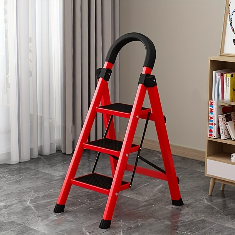 Portable step stool with folding carbon steel ladder, non-slip rubber handle and feet, for home use.