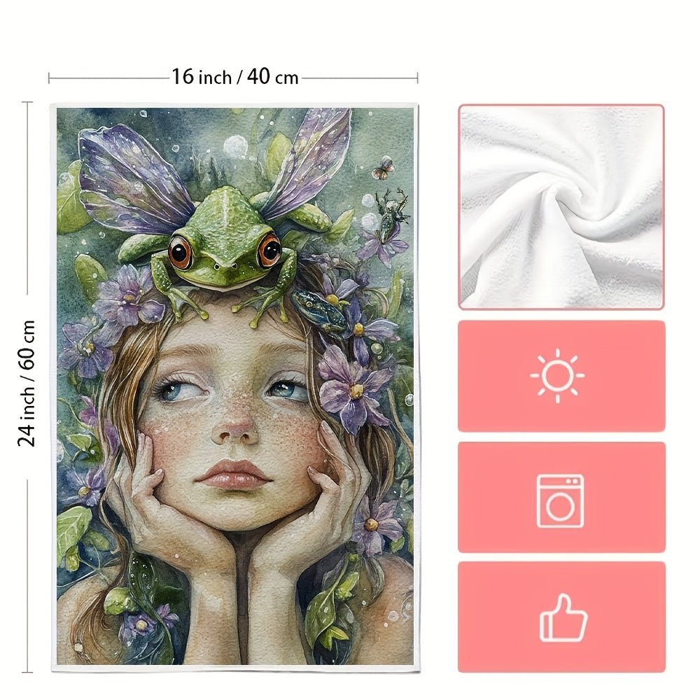 Set of 2 Enchanted Frog & Fairy Art Kitchen Towels - Made from Ultra Soft and Highly Absorbent Polyester, Perfect for Drying Dishes - Machine Washable, Measures 40.64x60.96 cm - Adds a Touch of Whimsical Holiday Decor to Your Kitchen