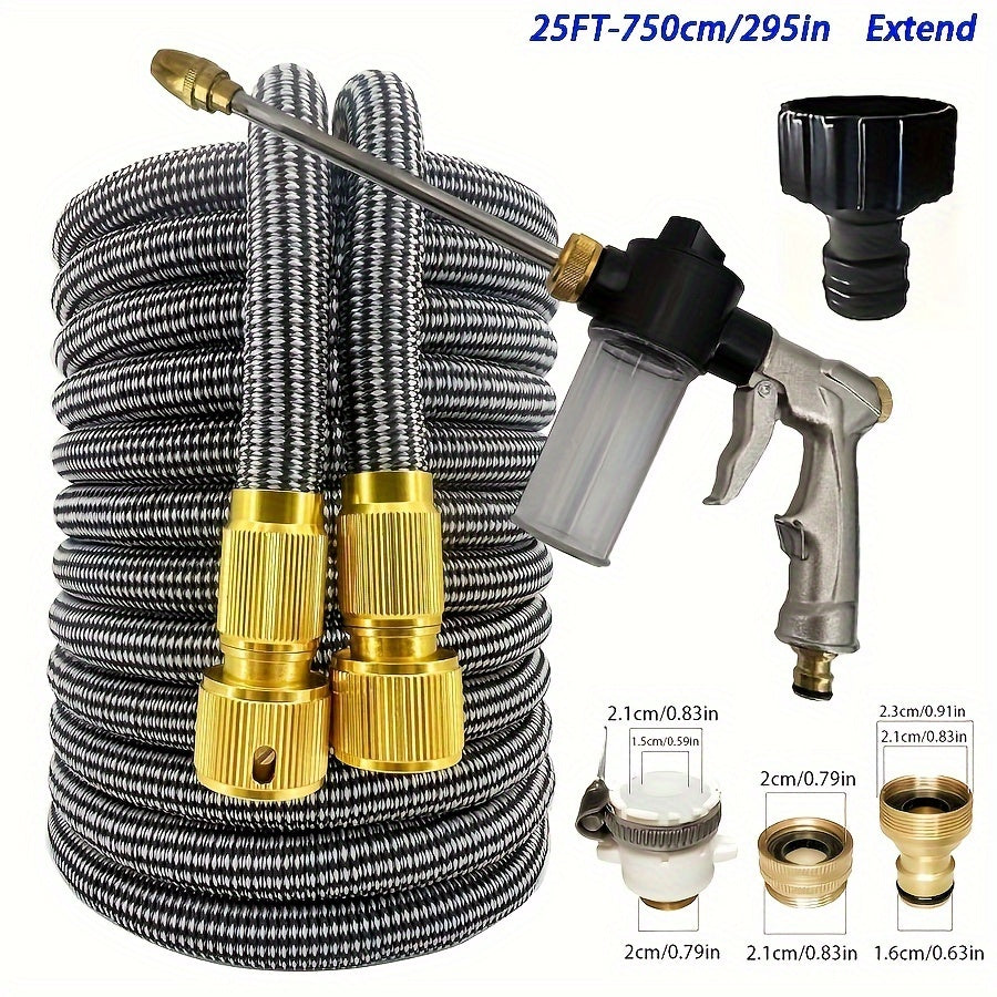 Expandable, high-pressure spray gun hose with adjustable nozzle for efficient car cleaning and garden irrigation. Durable gray and black striped pipe, 15m in length.